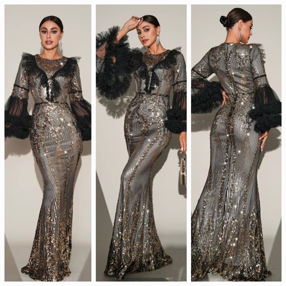 Silver Sequin Gown with V-Neck and Bishop Sleeves - Picture 1 of 15